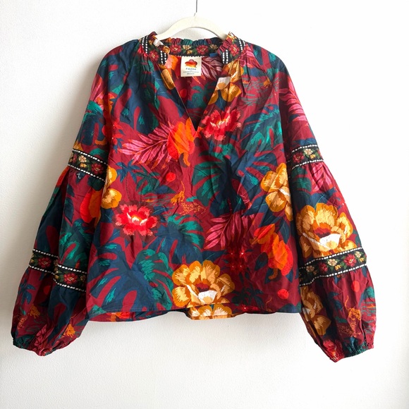 Farm Rio Poplin V-Neck Blouse Size Medium Floral Cotton Top Long Sleeve - Picture 4 of 11